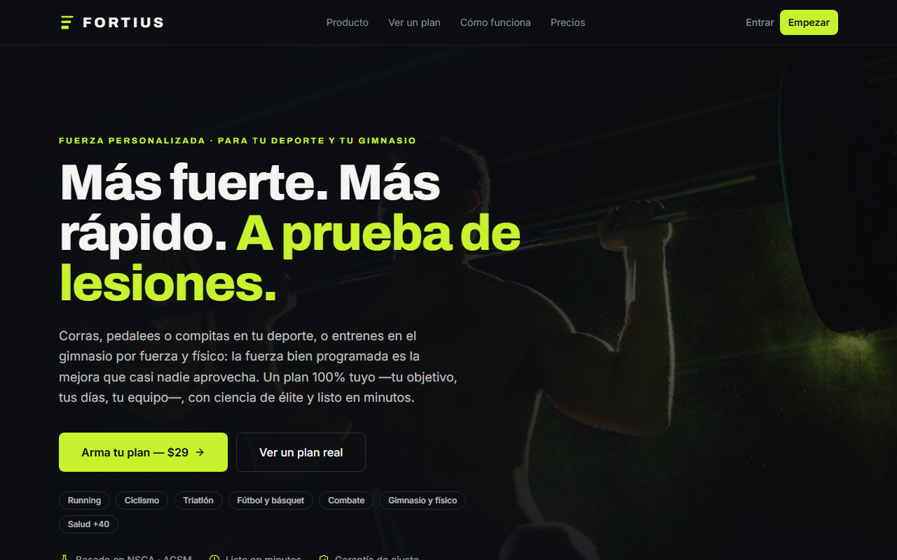 Landing page de Fortius, entrenamiento de fuerza personalizado