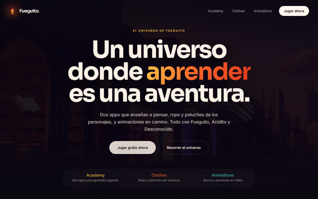 Sitio web del Universo de Fueguito, marca infantil de apps educativas